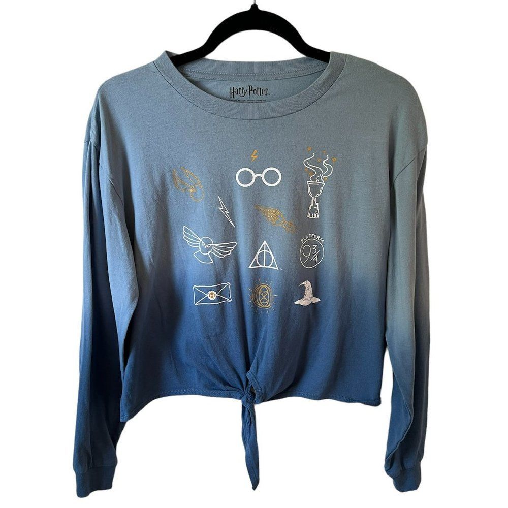 Harry Potter Long Sleeve Crop Top Blue Ombre Novelty Wizard Magic Sz L